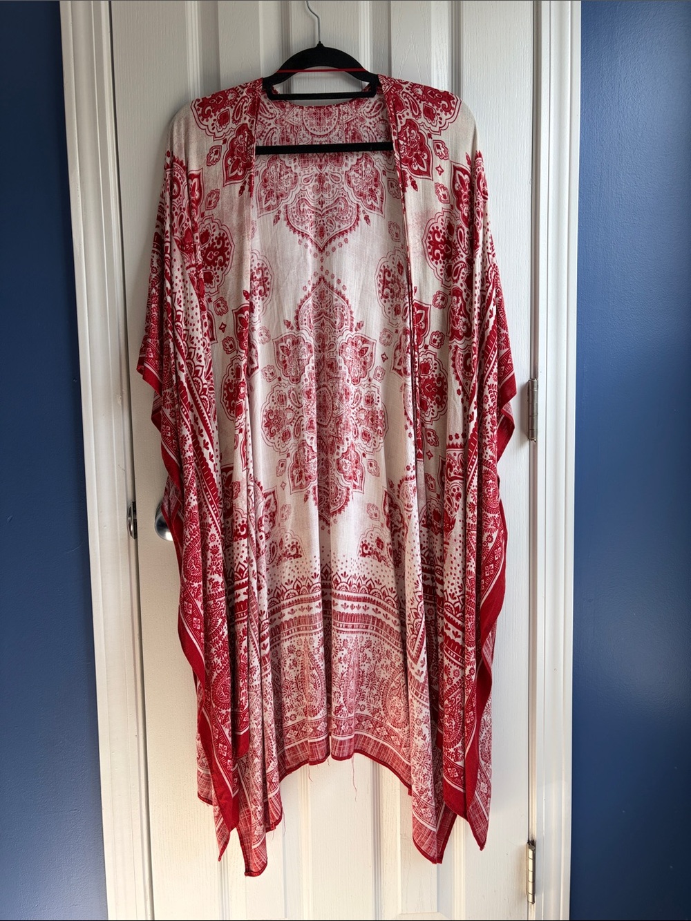 Boho Open Front Paisley Kimono Cardigan Red White One Size